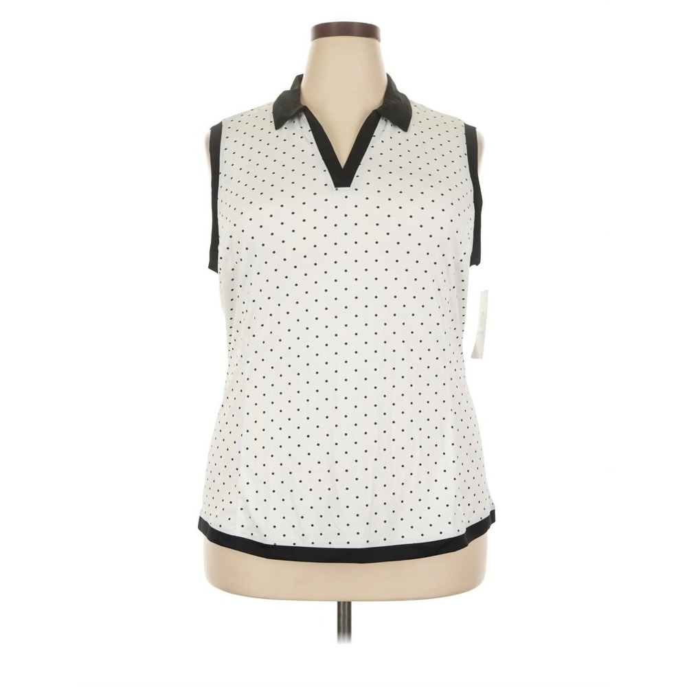 Ben Hogan Womens Sleeveless Golf Polo Shirt White Black Polka Dot V-Neck Top New